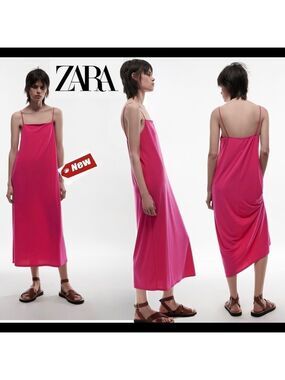 Zara fuchsia pink flowy midi dress Sz L NWT
